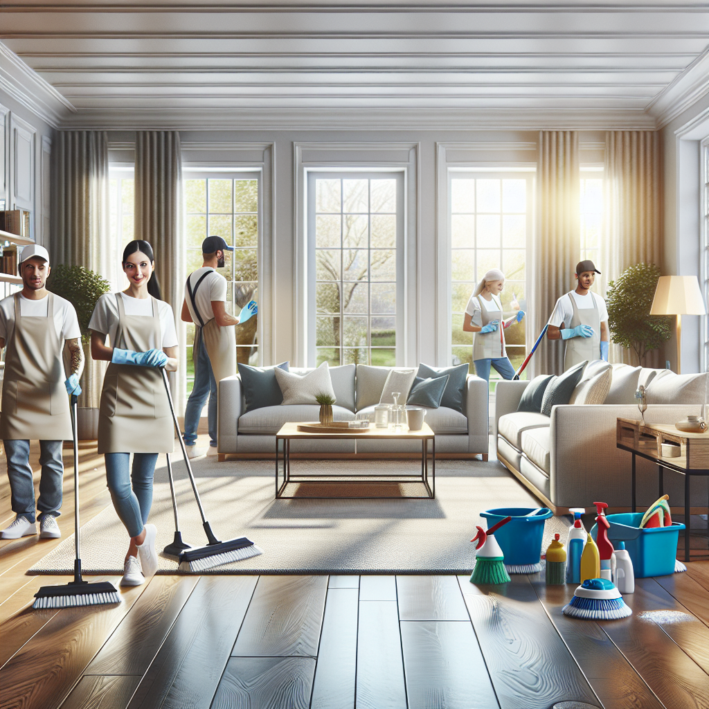 A pristine living room being cleaned by professional cleaners using advanced equipment.