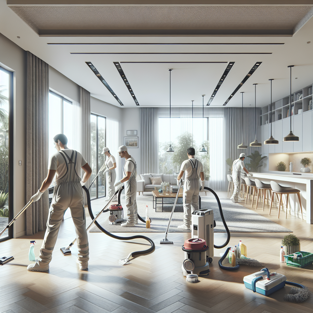 Professional cleaning service team using advanced equipment in a modern home, ensuring thorough cleanliness.