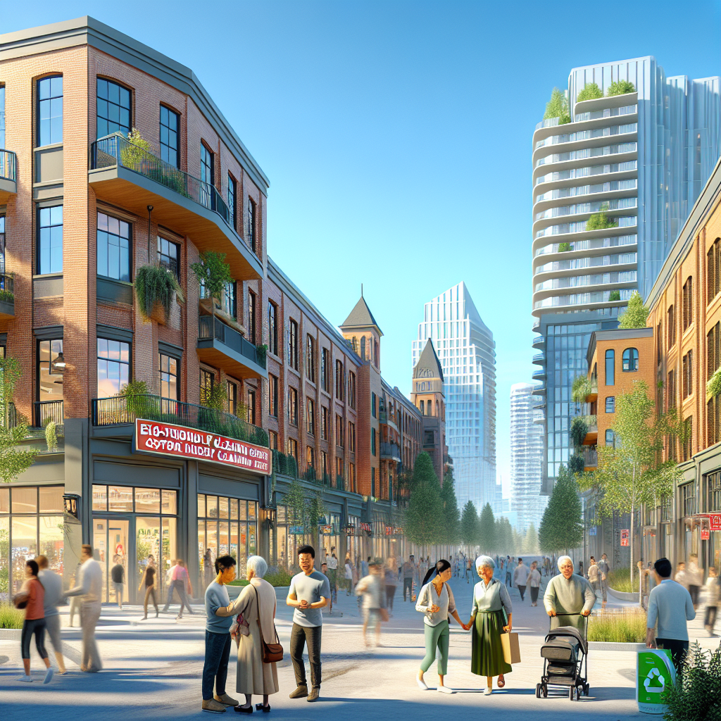A vibrant street scene in North Central Edmonton with diverse pedestrians and clean, eco-friendly surroundings.