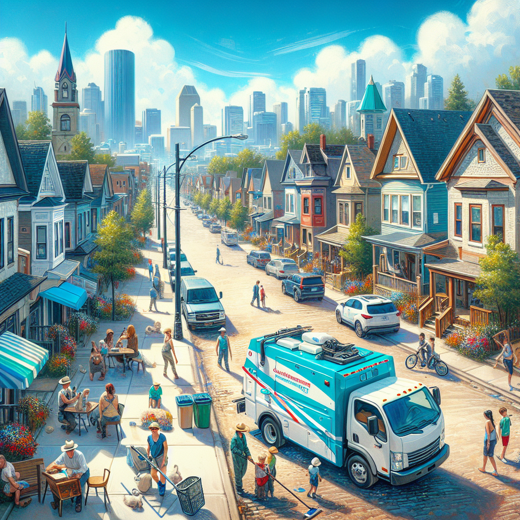 A busy neighborhood in North Central Edmonton with homes, businesses, and a cleaning service vehicle.