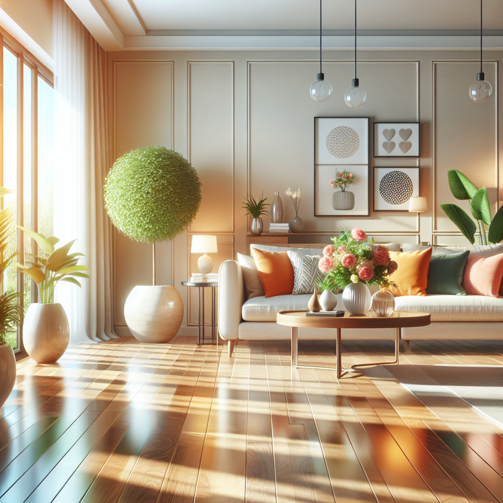 A clean and organized living room interior with a comfortable sofa and natural light.