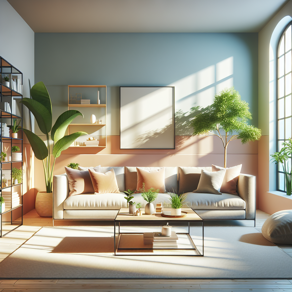 A clean and organized living room filled with sunlight, plants, and comfortable furniture.