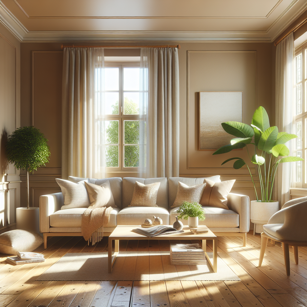 A clean and organized living room showing a sofa, coffee table, and indoor plant.