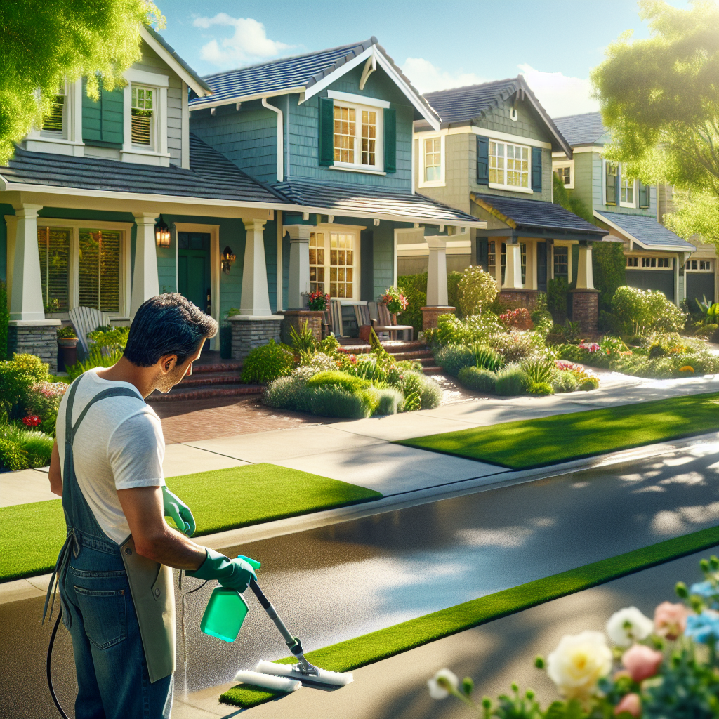 A residential street in Terwillegar with a cleaner maintaining a house, emphasizing a clean and inviting environment.
