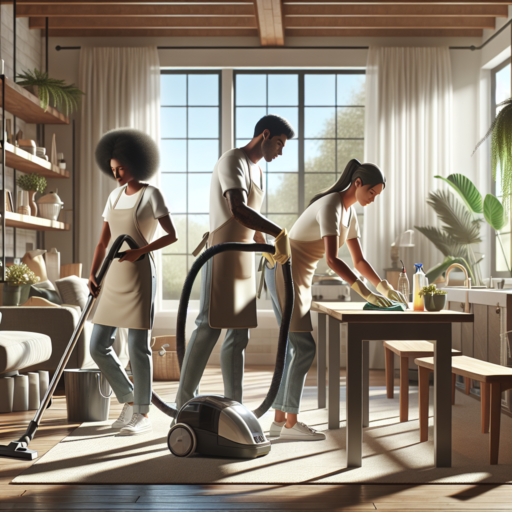 A local cleaning team working together in a bright living room.