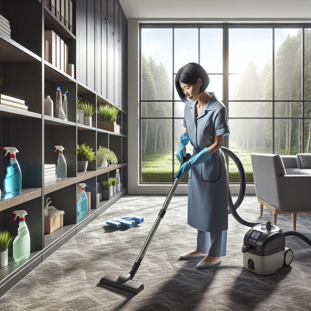 A cleaner vacuuming in a tidy office with eco-friendly supplies.