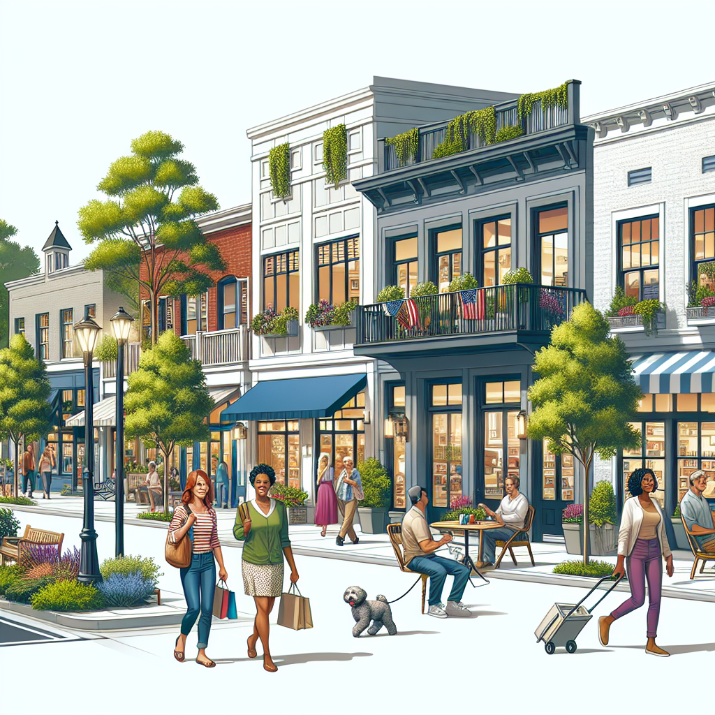 A busy neighborhood in Riverbend with residential and commercial buildings, trees, and people.