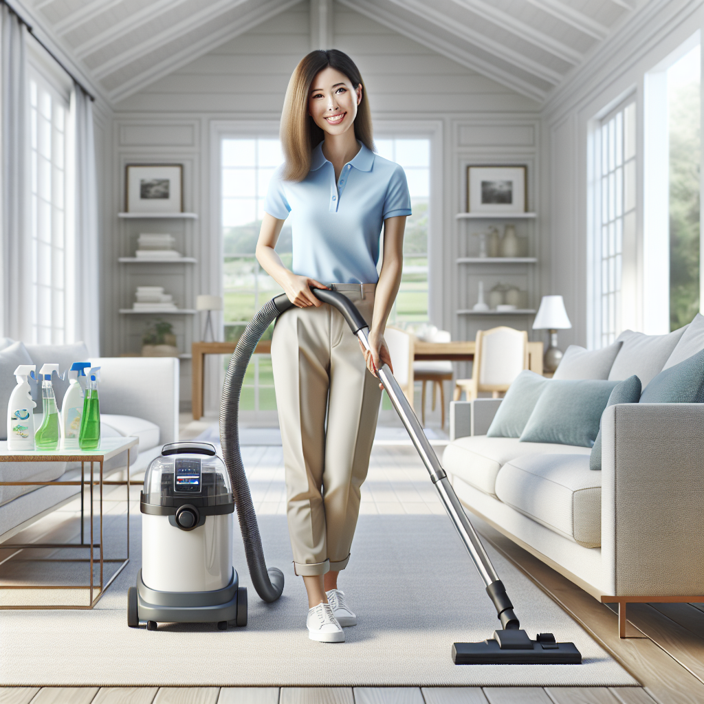 A professional cleaning service in action in a bright, clean living room.