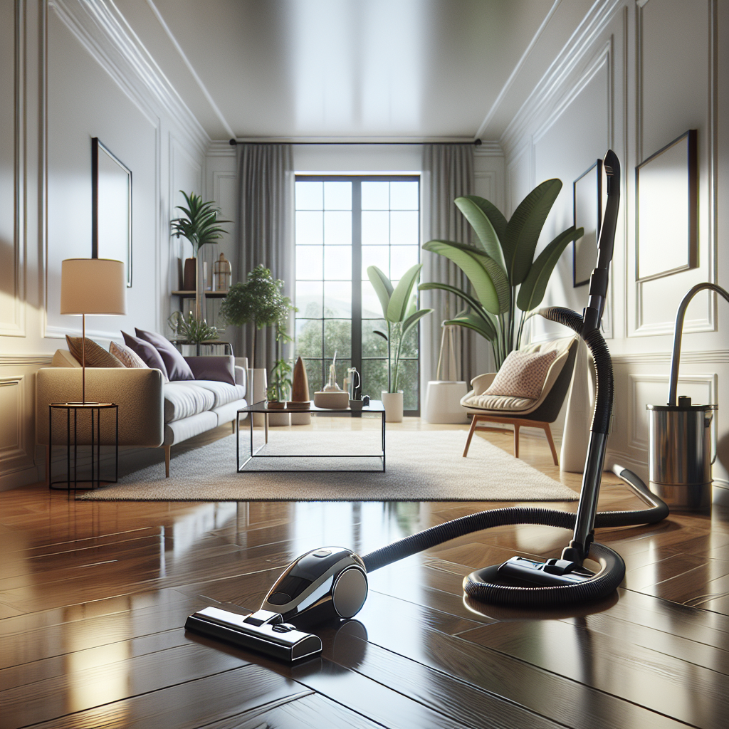 A modern living room filled with cleaning products and tools, well-lit and tidy.