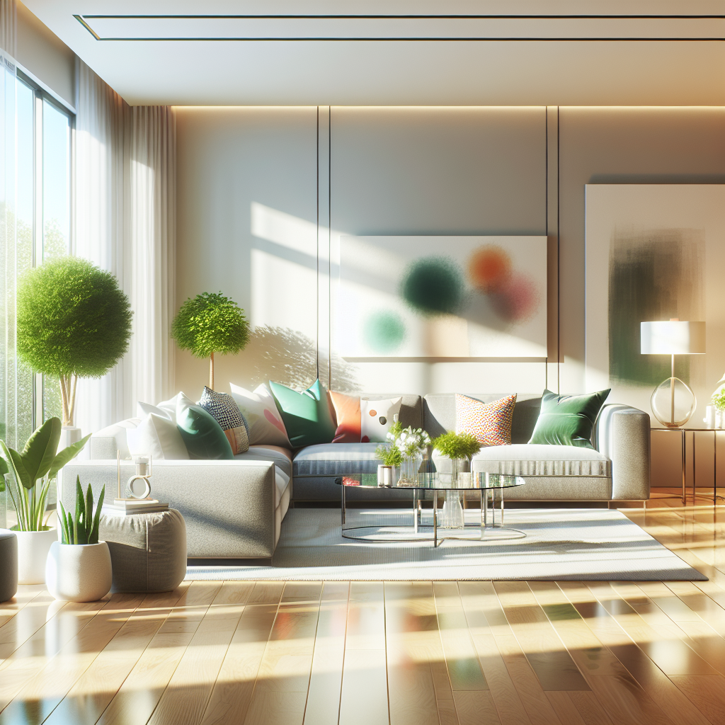 A clean and tidy modern living room with sunlight streaming in.