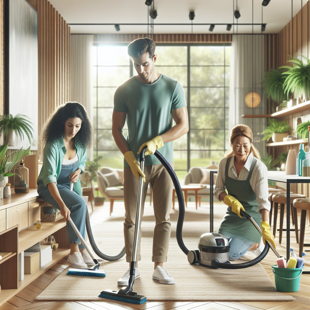 A diverse cleaning team working in a bright, modern home.