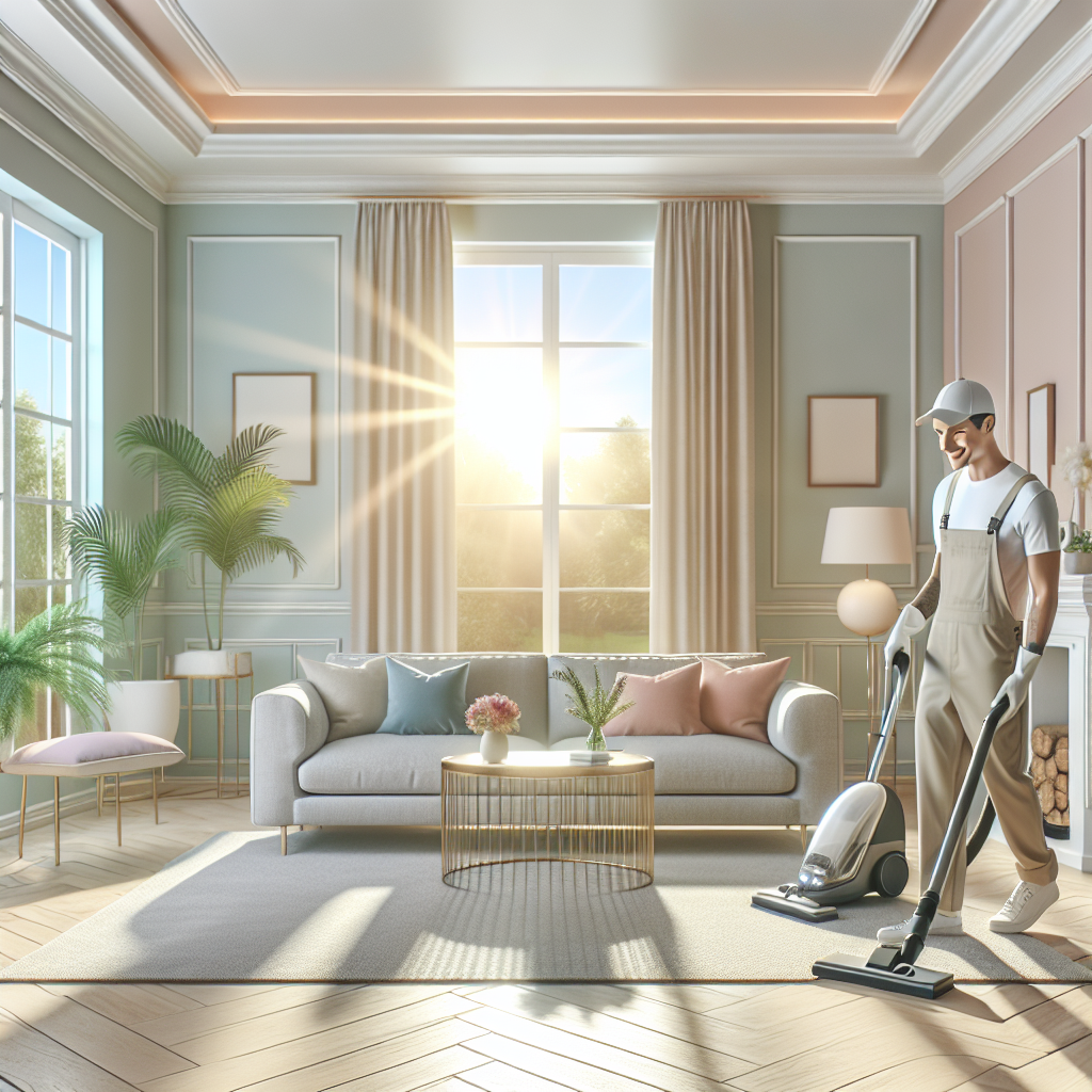 A cheerful home interior with a cleaning professional vacuuming.