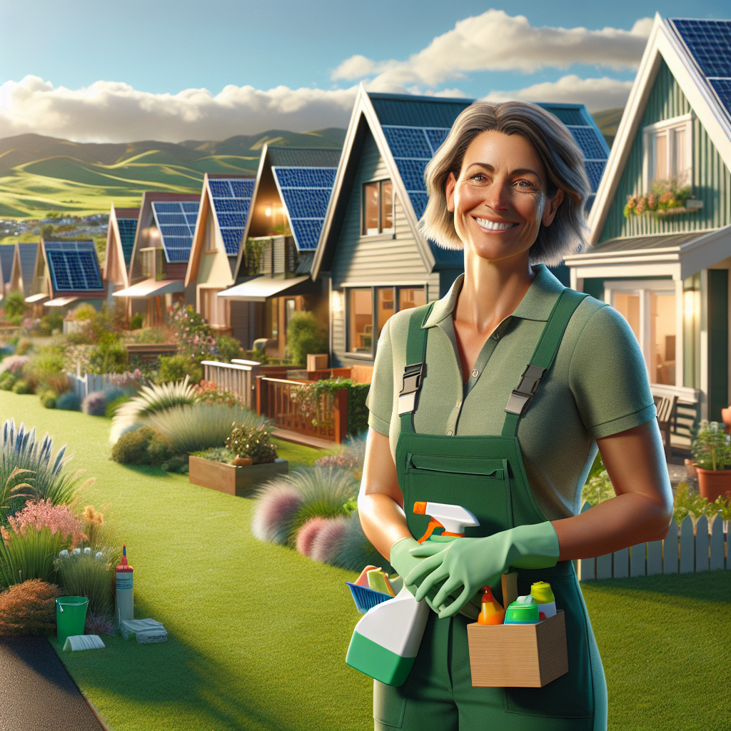 A residential neighborhood in Ellerslie with homes and a local cleaning professional holding eco-friendly cleaning supplies.