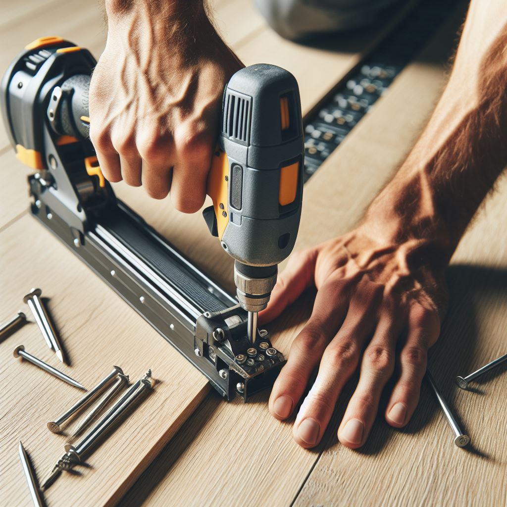 An installer professionally fitting engineered wood flooring in a bright, pet-friendly home.