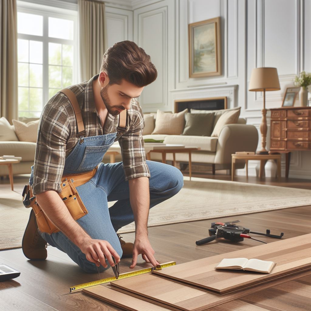 An image depicting a person cleaning the edges of engineered wood flooring with a soft cloth and a specialized wood floor cleaner.