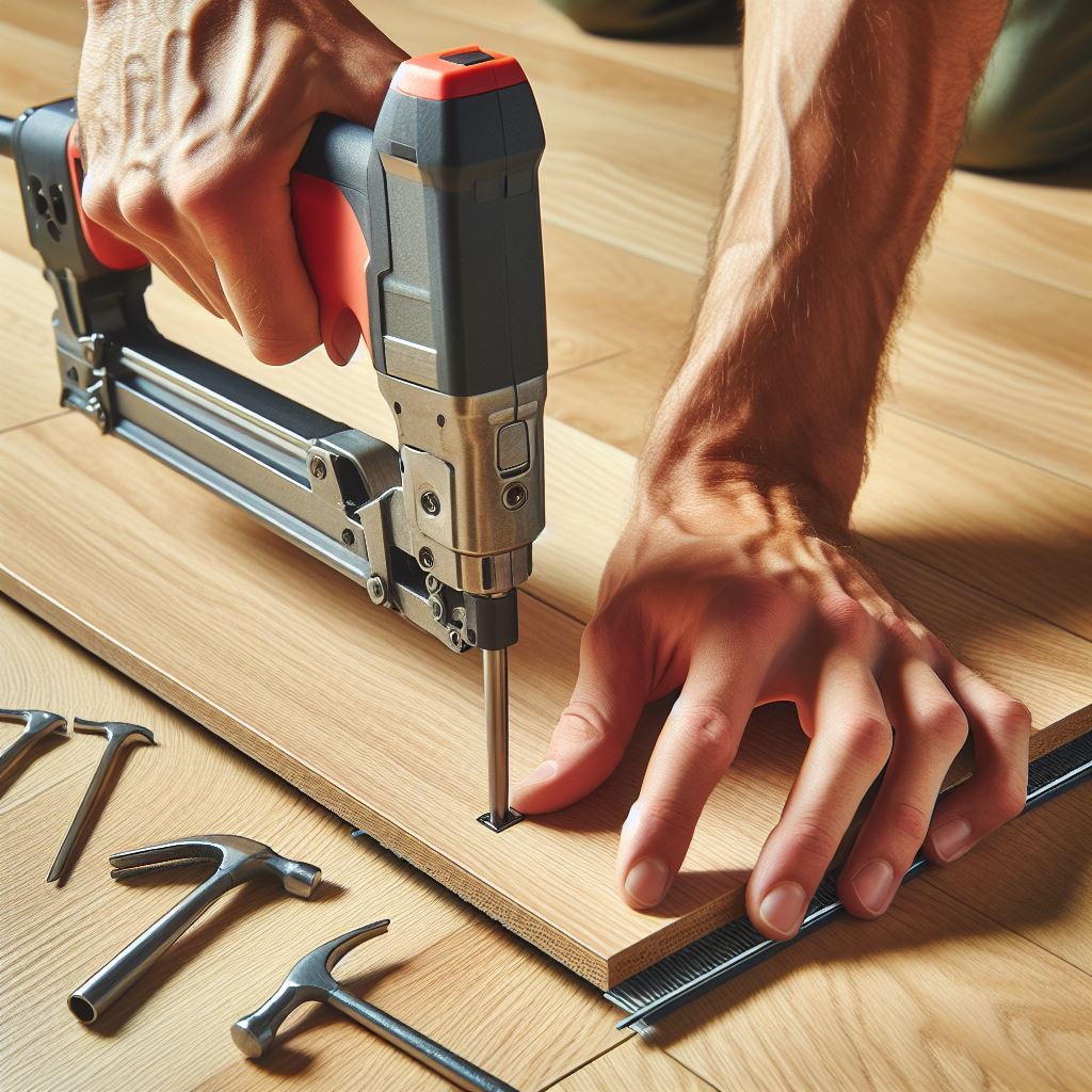 A series of images showing the process of filling and repairing a deep scratch in parquet flooring, from applying wood filler to finishing.