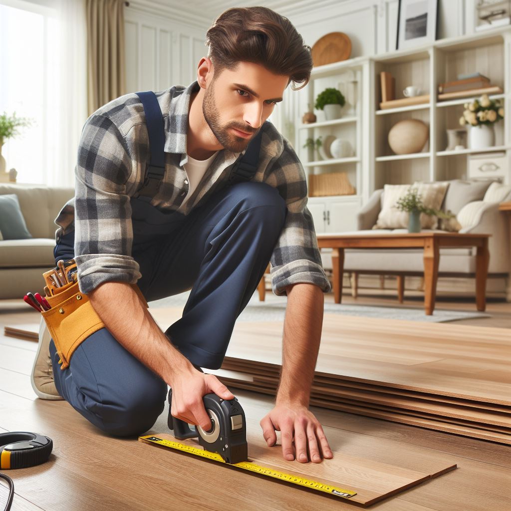 A close-up photo of a professional flooring installer's hands adjusting the edges of engineered wood flooring, with focus on precision and technique.