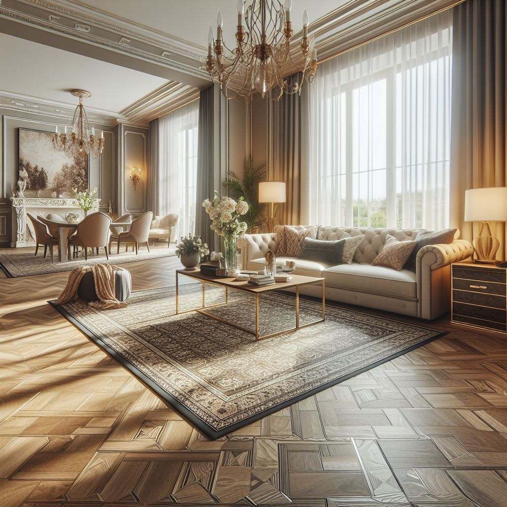 A picture of someone cleaning engineered wood flooring with a soft broom or a specialized mop, demonstrating proper maintenance in a home with a dog lying comfortably in the background.