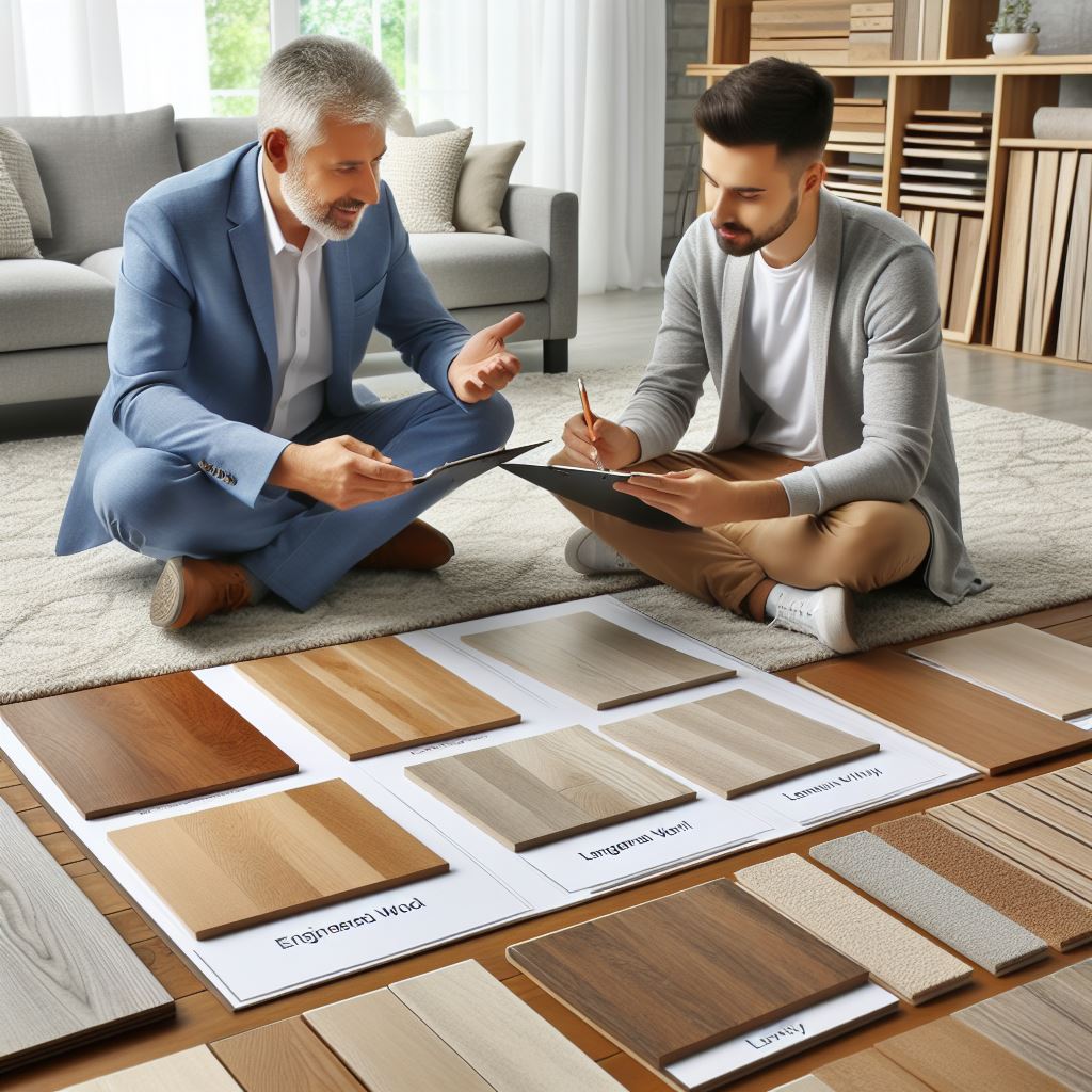 A professional installer laying down engineered wood flooring with precision tools. URL: https://example.com/images/engineered-wood-floor-installation.jpg