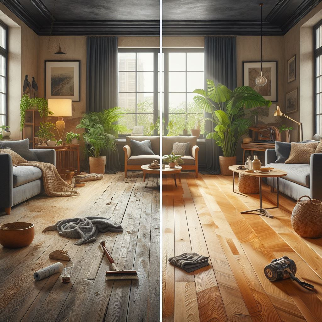 A close-up sequence of images showing each step of repairing a scratch on parquet flooring, from sanding to varnishing.