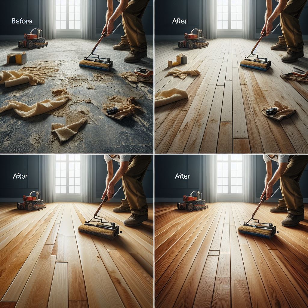 An organized display of tools and materials laid out on a wooden surface, including sandpaper, wood filler, varnish, and a putty knife.