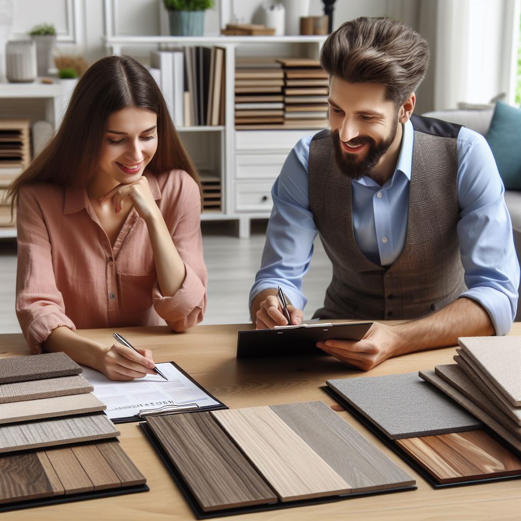 An image of a customer discussing options with a flooring specialist in a hardwood flooring showroom, with a variety of engineered wood samples on display. URL: https://example.com/images/engineered-wood-flooring-showroom.jpg