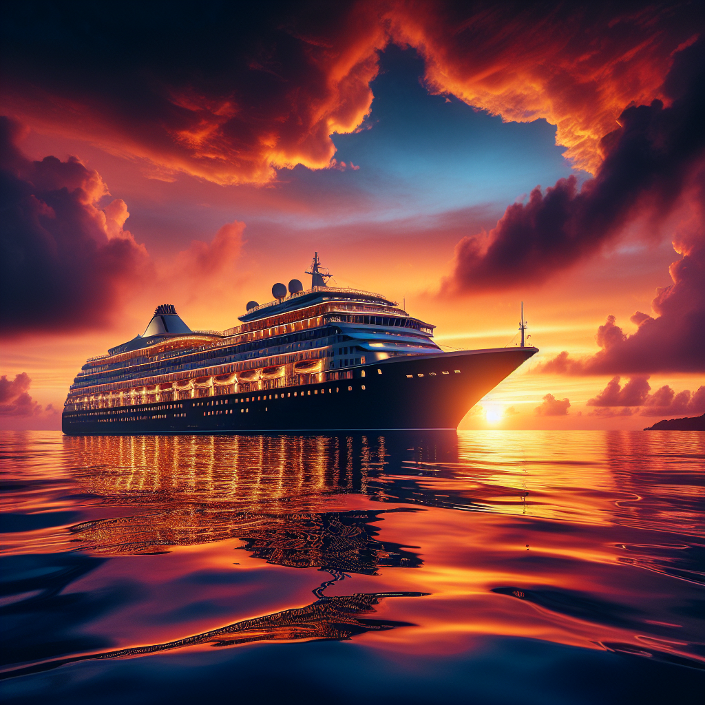 A luxury cruise ship at sunset with realistic detailing.