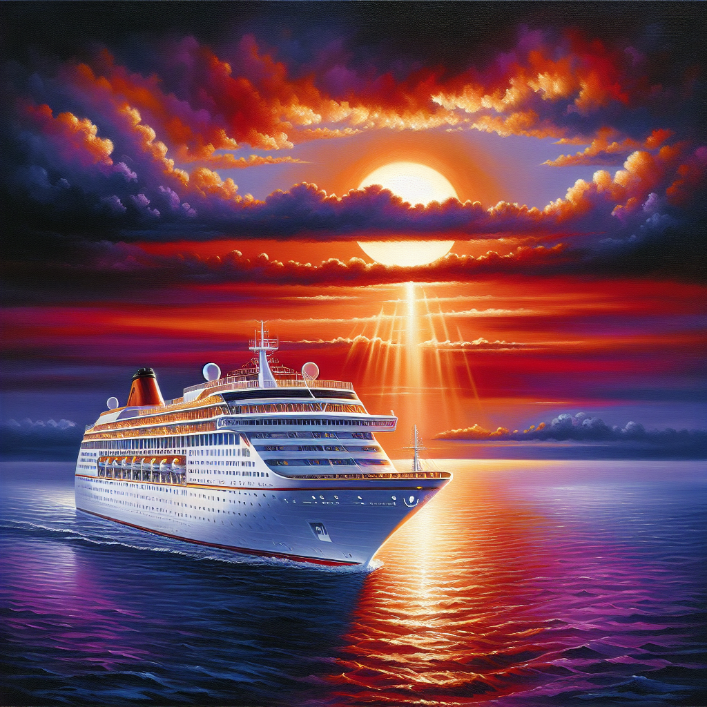 A realistic image of a luxury cruise ship at sunset.