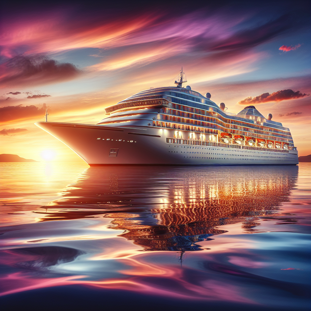 Luxury cruise ship sailing at sunset with vibrant sky colors.