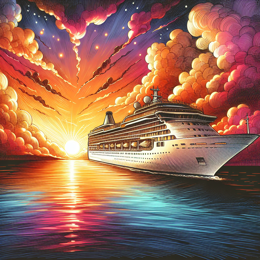 A realistic image of a luxury cruise ship at sunset with golden hues and a vibrant sky.