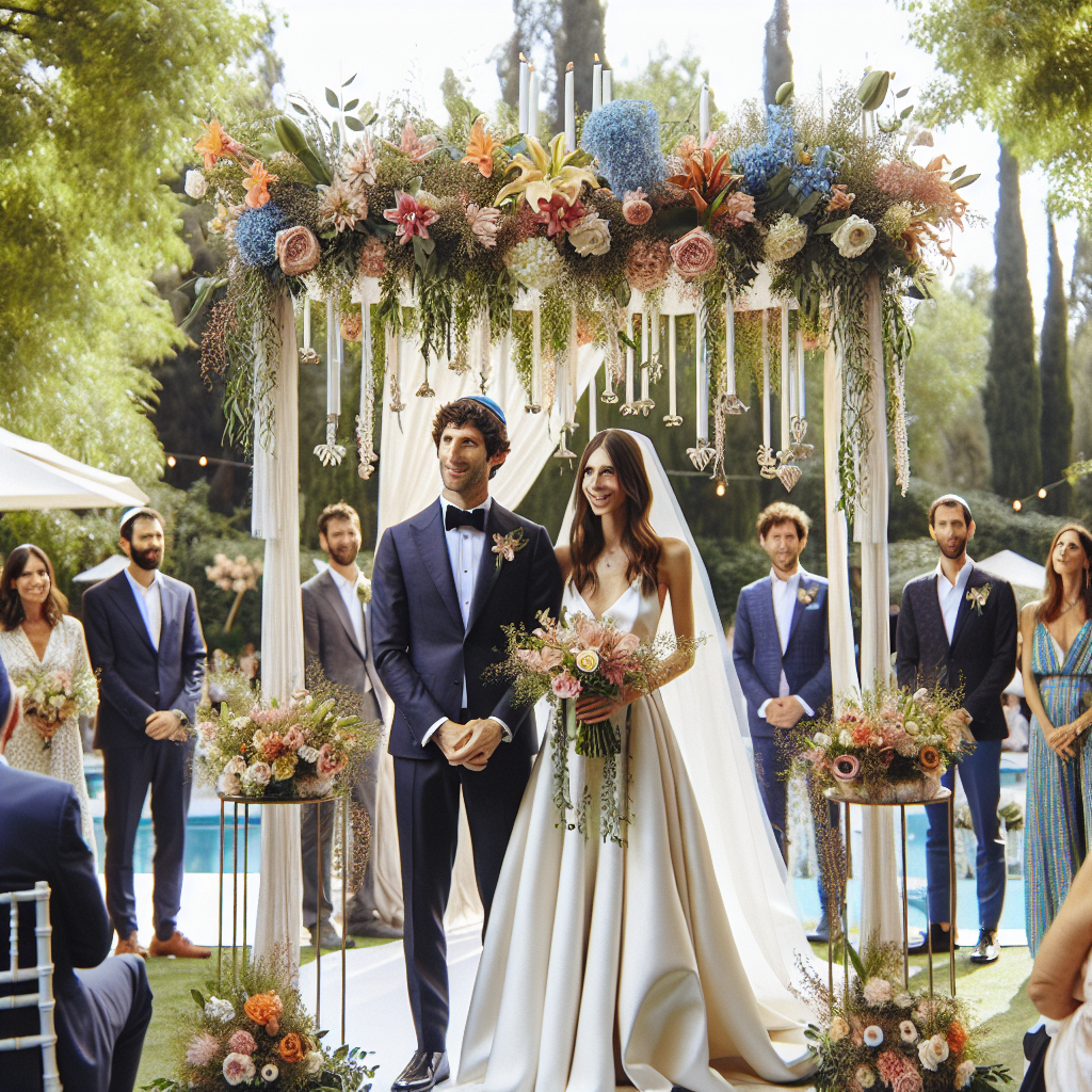 A modern secular wedding ceremony in Israel with a decorated chuppah and a diverse group of guests.