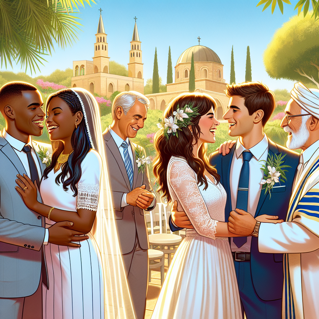 Diverse couples celebrating a civil marriage outdoor in Israel.