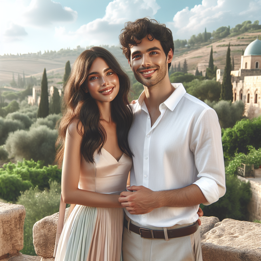 A diverse couple in a serene outdoor setting, symbolizing civil marriage in Israel.