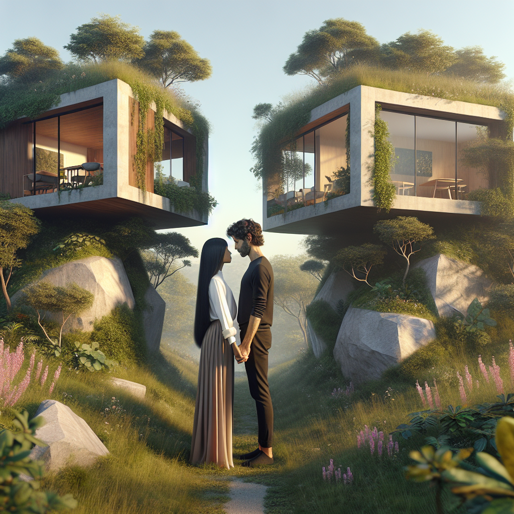 Two interconnected homes in a serene Israeli landscape with a couple holding hands.