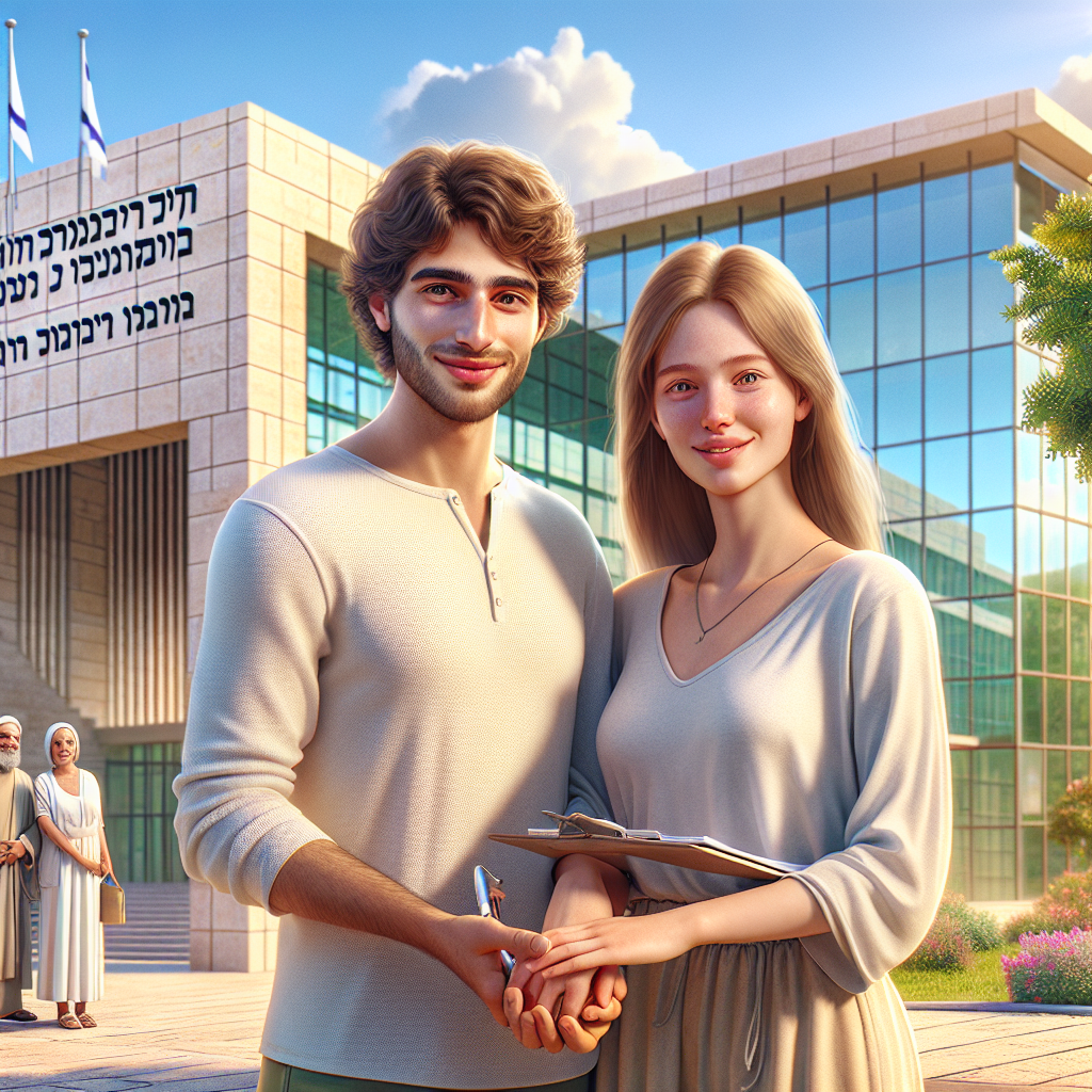Two diverse couples representing the concept of 'ידועים בציבור רישום' in front of a modern legal building in Israel.