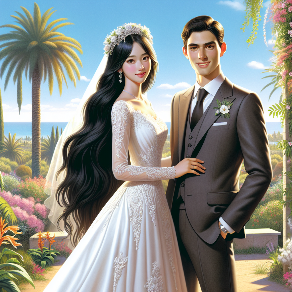 A couple at a wedding altar in Israel, with a lush green background and blue sky.