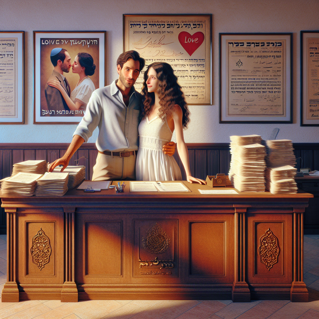 A couple happily stands in an Israeli marriage registration office, surrounded by warm lighting and a marriage certificate on the desk.