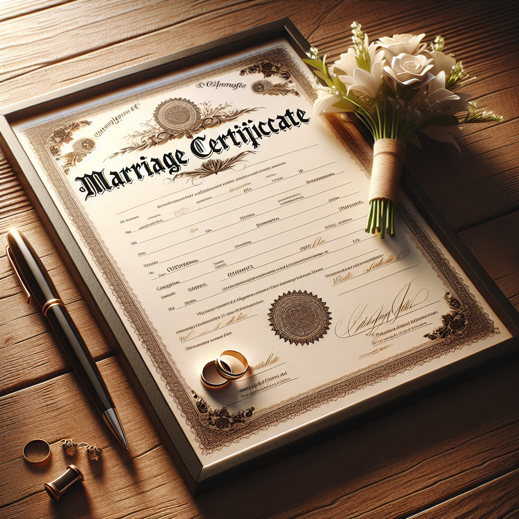 A marriage certificate on a wooden table surrounded by personal items symbolizing commitment.