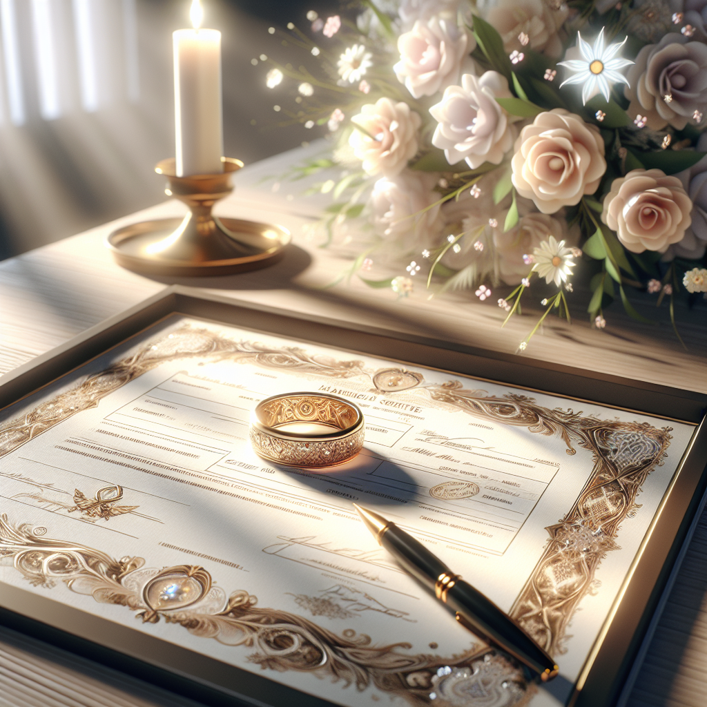 A marriage certificate on a wooden table with a gold ring and flowers around.