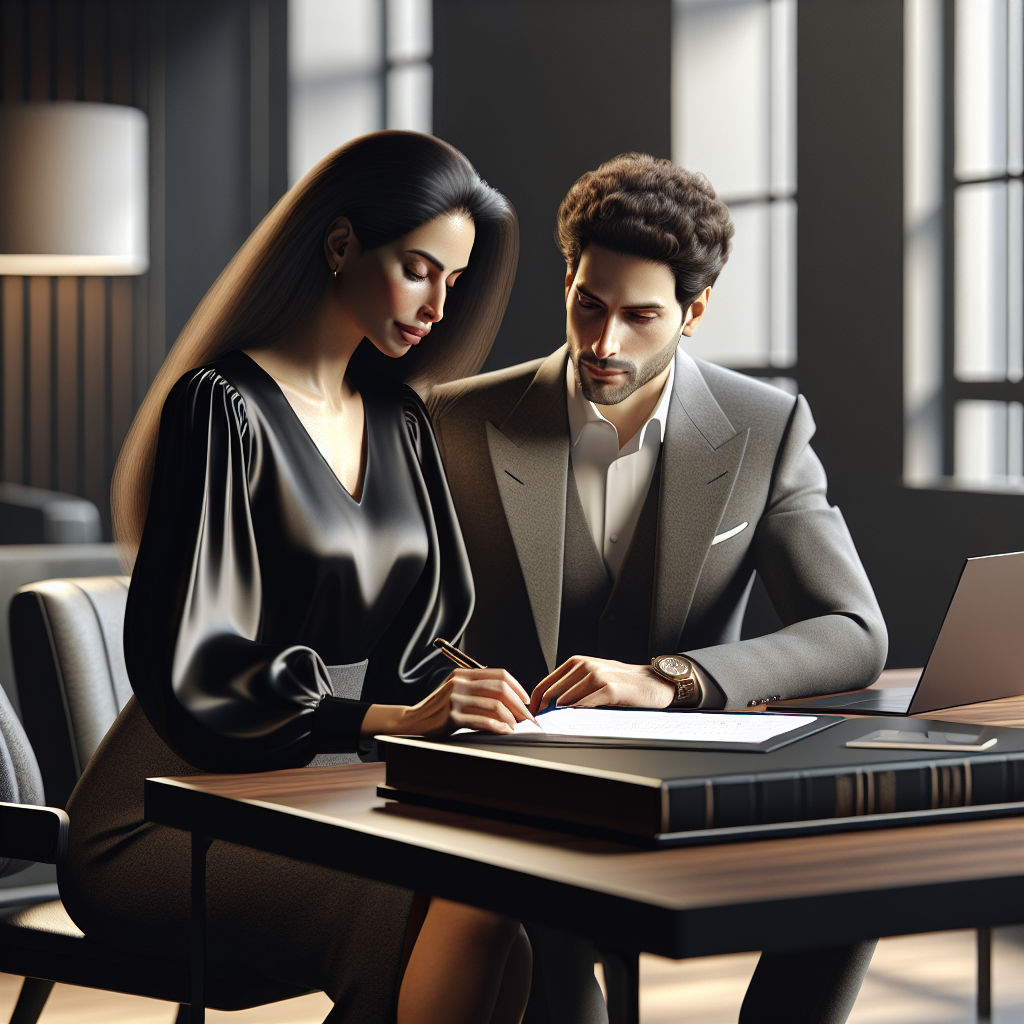 A couple reviewing a couples' declaration document in a modern office.