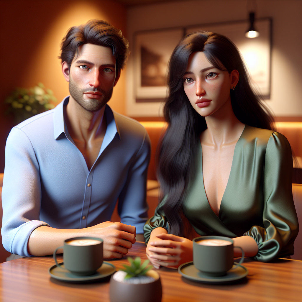 A couple discussing their relationship at a cafe, with warm ambiance and modern decor.