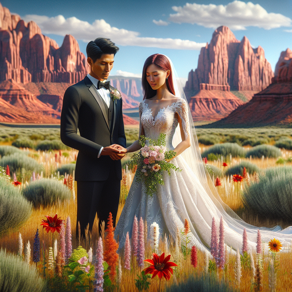 A wedding couple in Utah's landscape symbolizing marriage.
