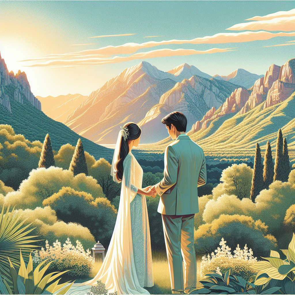 A couple in wedding attire standing together in a Utah landscape with mountains and greenery.