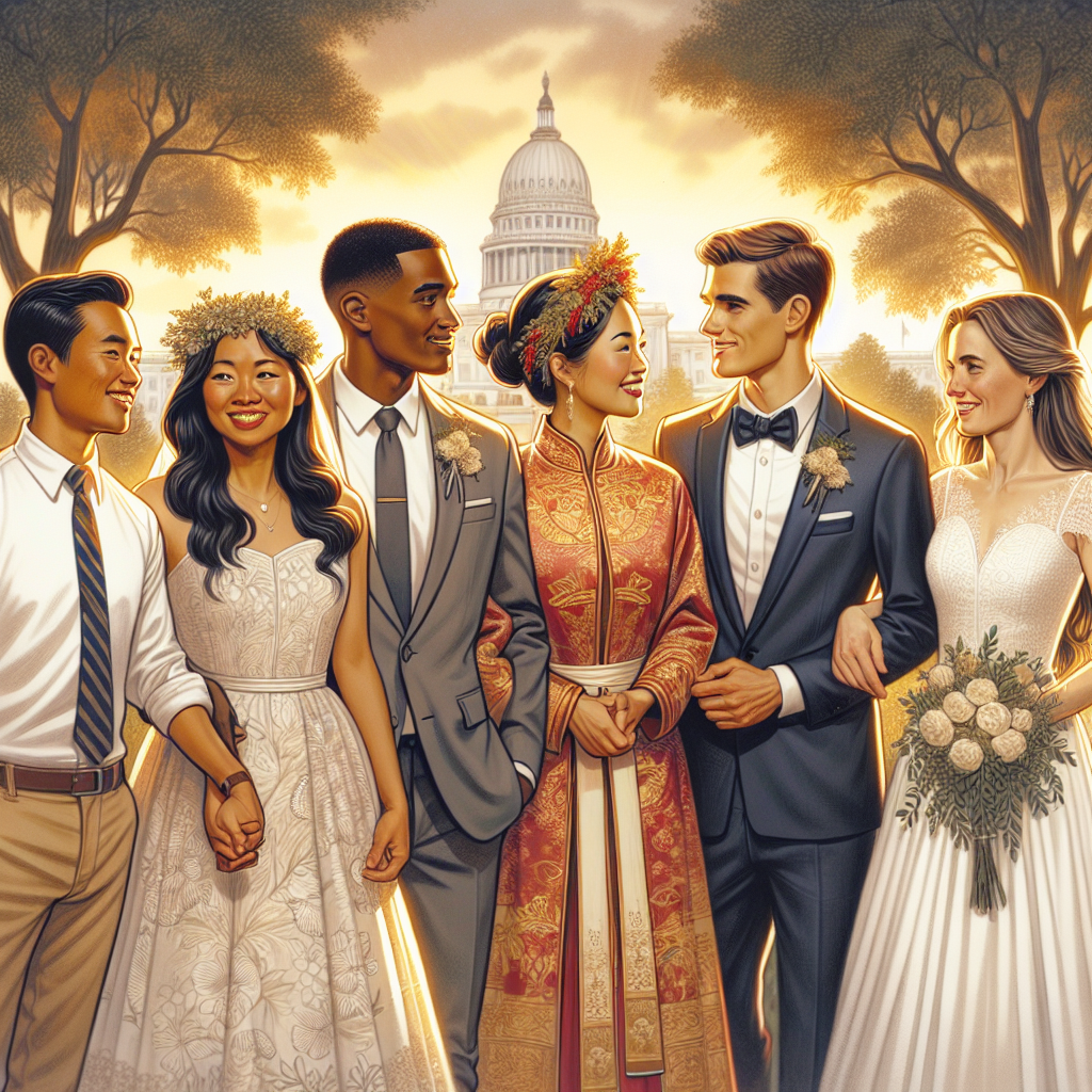 A diverse group of couples celebrating their marriage in a picturesque outdoor setting in Utah.