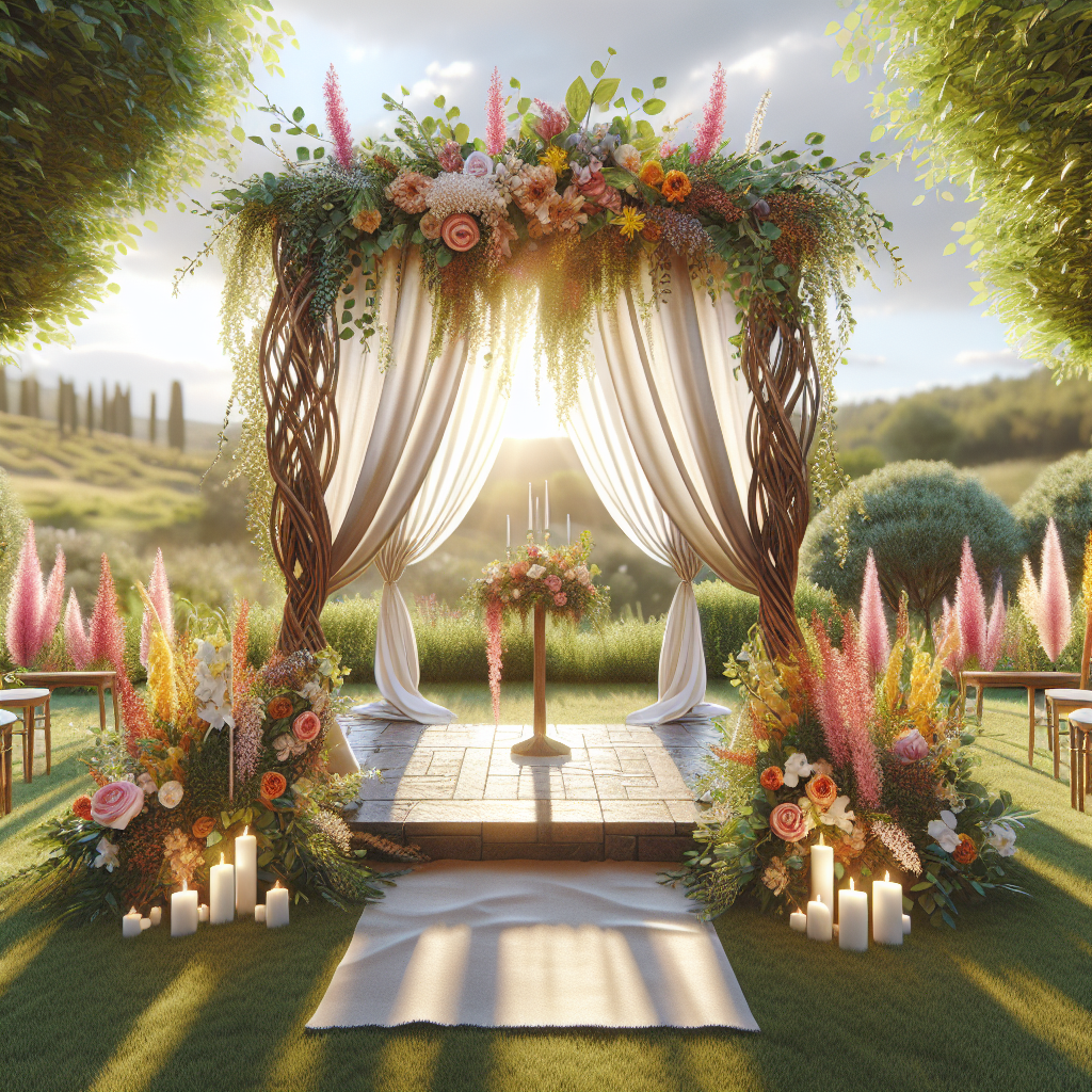 An alternative chuppah made of branches and flowers in a beautiful outdoor setting.