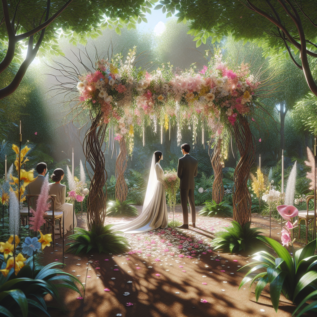 An outdoor wedding ceremony with an alternative chuppah made of branches and flowers.