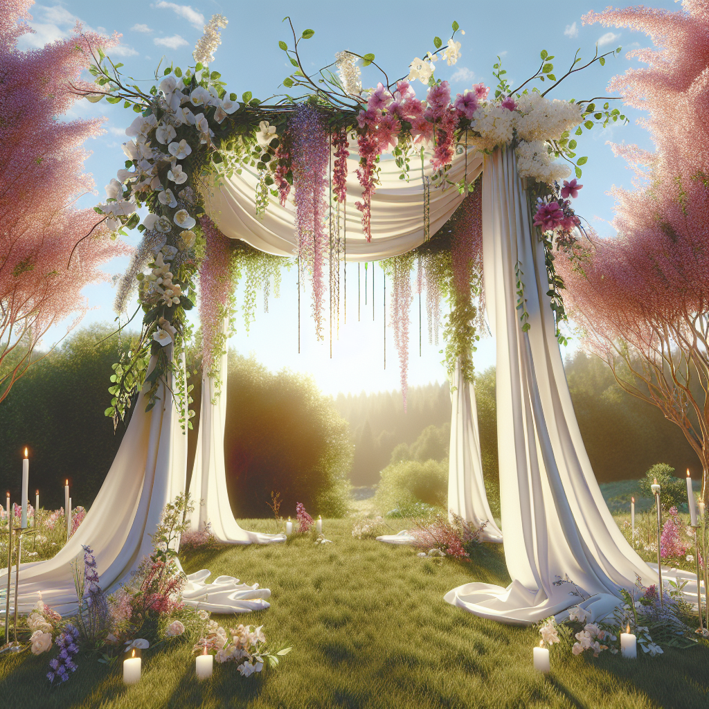 A beautifully decorated alternative chuppah in an outdoor wedding setting.