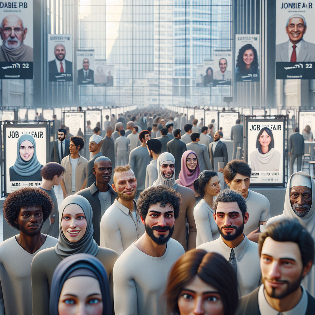 An urban Israeli job fair with diverse individuals interacting and discussing job opportunities.