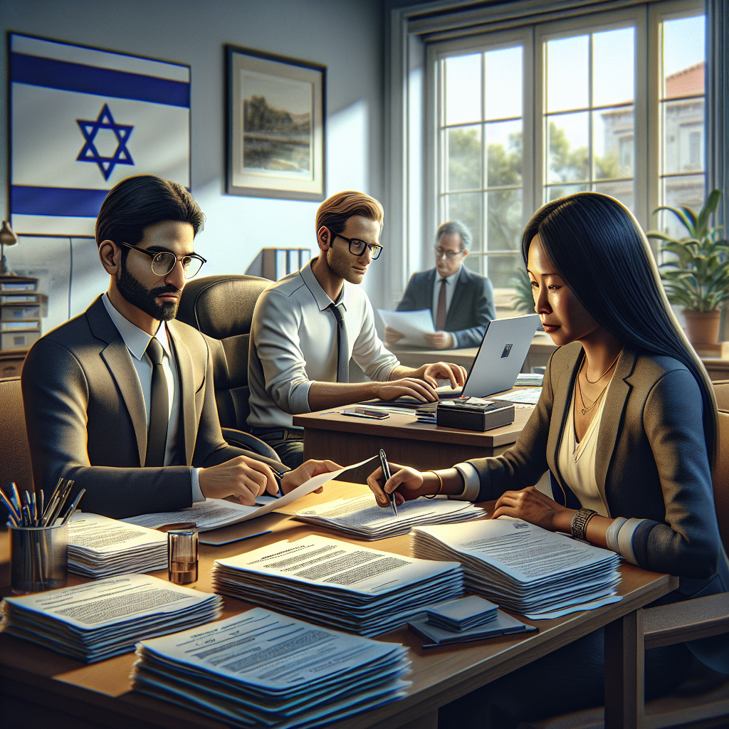 A diverse group of professionals discussing work-related documents in an office setting.