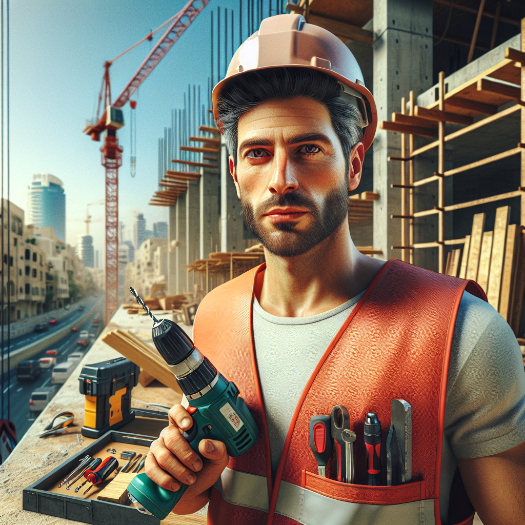 A foreign worker at a construction site in Israel, wearing a safety vest and hard hat.
